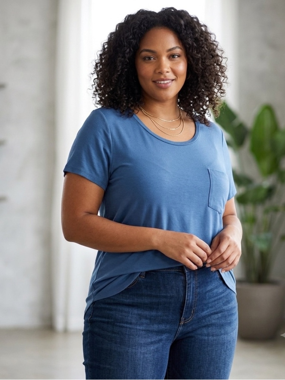Try! This Blue Stretch Knit Top, Plus Size 1X, Short Sleeve Pocket Tee, Crewneck